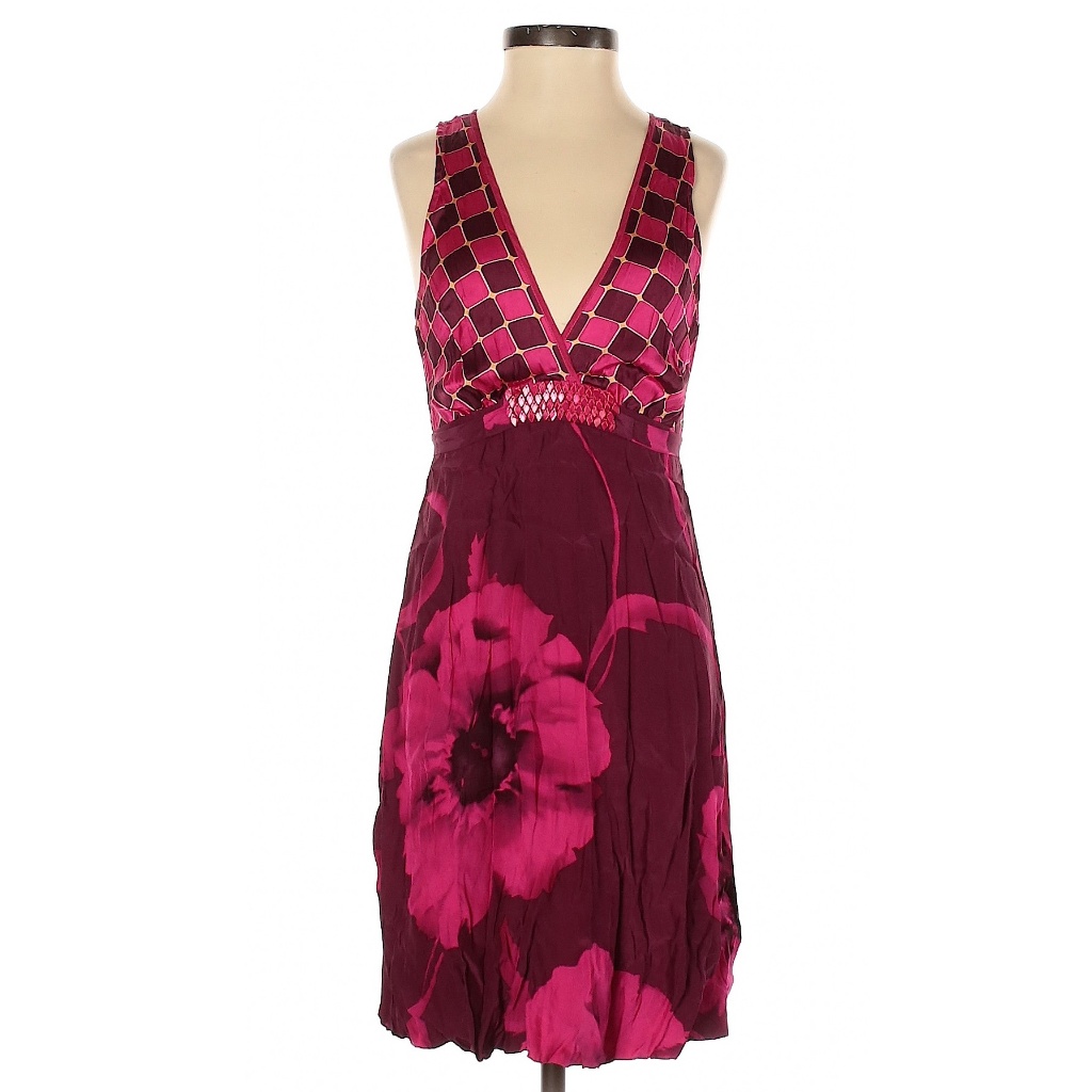 A Common Thread Bright Pink Silk Floral Casual Dress W/ Jeweled Waist Size P Xs